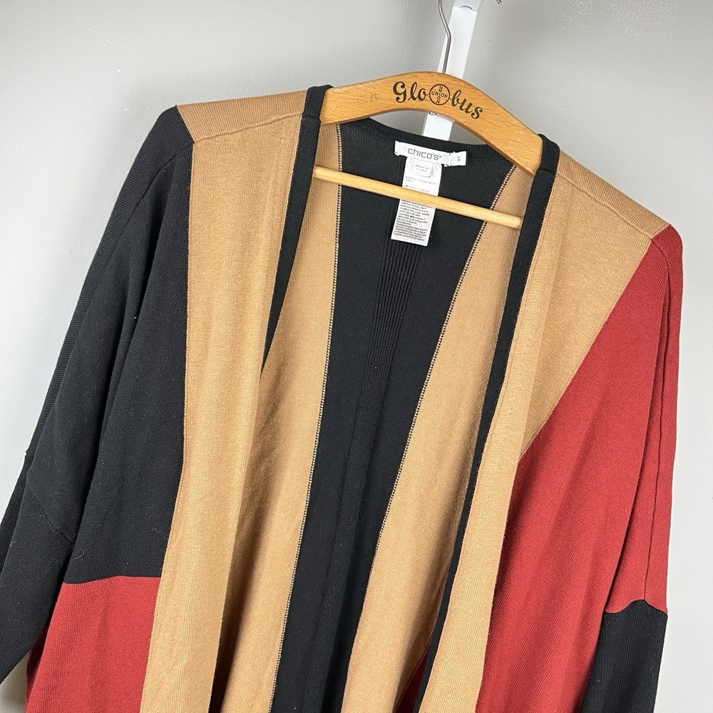 Chico's Cardigan‎ Sweater Womens S/M Color Block Knit Open Front Earth Tones